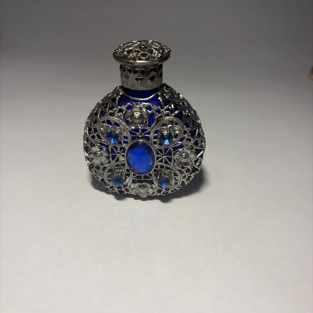 Vintage 1950s Blue Czech Glass Jeweled Miniature Perfume Bottle Silver Filigree